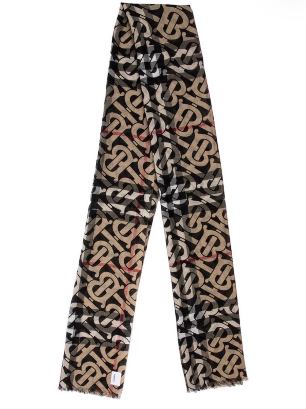 Burberry Black and Tan Monogram Silk-Blend Scarf with Subtle Red Accent